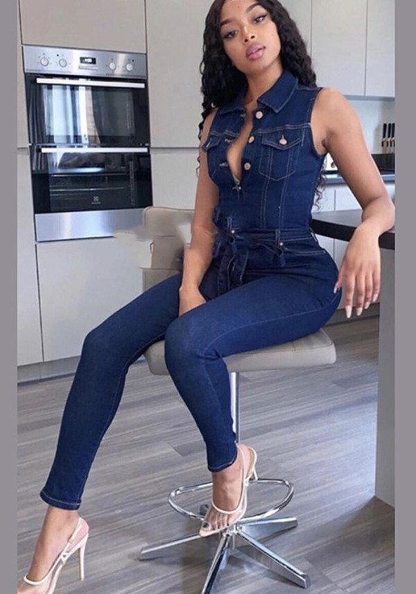 African Women Sexy Sleeveless Lace-up Stretch Casual Denim Jumpsuit