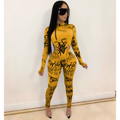 Women Letter Printed Long Sleeve Bodysuit and Pant Two-piece Set