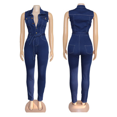African Women Sexy Sleeveless Lace-up Stretch Casual Denim Jumpsuit