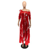 Women Slit Wide Collar Tie Dye Pocket Maxi Dress