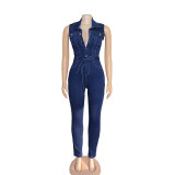 African Women Sexy Sleeveless Lace-up Stretch Casual Denim Jumpsuit