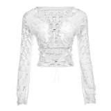 Autumn Women lace-up Crop Top and high-waisted Lace mesh Pant two-piece set