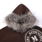 Winter Plush Hooded Badge Print Retro Jacket Loose Plus Size Casual Zipper Hoodies