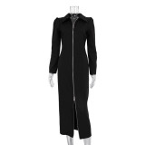 Women's Fashion Turndown Collar Zipper Long Sleeve Black Dress