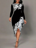 Fall/Winter Fashion Round Neck Cap Sleeve Floral Print Asymmetric Dress