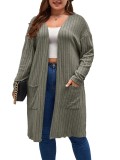 Women's Plus Size Casual Ribbed Solid Color Pocket Long Sleeve Cardigan
