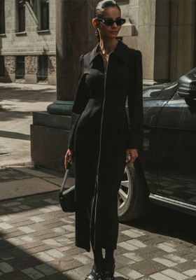 Women's Fashion Turndown Collar Zipper Long Sleeve Black Dress