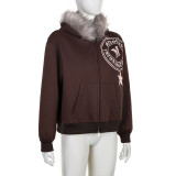 Winter Plush Hooded Badge Print Retro Jacket Loose Plus Size Casual Zipper Hoodies