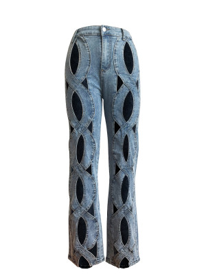 Women's Stretch Denim Pants Twist Hollow Loose Straight Jeans