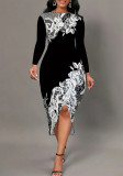 Fall/Winter Fashion Round Neck Cap Sleeve Floral Print Asymmetric Dress