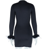 Stand Collar Solid Color Fur Bell Bottom Long Sleeve Bodycon Tight Fitting Dress