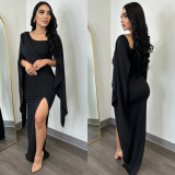 Fashion Women's Solid Color Long Sleeve Slit Pleated Maxi Dress