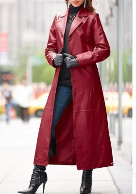 Women's Buttoned Leather Jacket Plus Size Slim Fit Leather Trench Coat