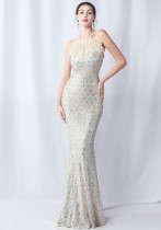 Feather Beaded Plaid Sequin Dinner Party Evening Dress