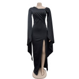 Fashion Women's Solid Color Long Sleeve Slit Pleated Maxi Dress