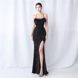 Feather Dinner Party Wedding Velvet Sequin Evening Dress