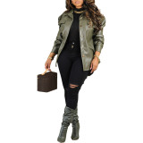 Autumn And Winter Women's Solid Color Pu Leather Long Sleeve Turndown Collar Jacket