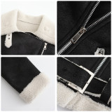 Autumn And Winter Fur Warm Women's Leather Jacket With Belt For Women Turndown Collar Coat