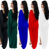 Fashion Women's Solid Color Long Sleeve Slit Pleated Maxi Dress