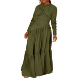 Women's Solid Color Long-Sleeved Pleated Loose Dress