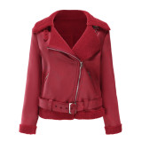 Autumn And Winter Fur Warm Women's Leather Jacket With Belt For Women Turndown Collar Coat