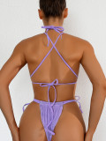 Women Lace-Up Low Back Solid Color Bikini Swimsuit
