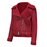 Autumn And Winter Fur Warm Women's Leather Jacket With Belt For Women Turndown Collar Coat