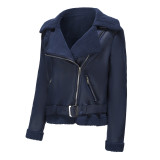 Autumn And Winter Fur Warm Women's Leather Jacket With Belt For Women Turndown Collar Coat