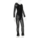 Long Sleeve Sexy Low Back See-Through Tight Fitting Jumpsuit Autumn Women's Clothing