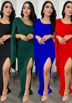 Fashion Women's Solid Color Long Sleeve Slit Pleated Maxi Dress