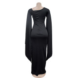 Fashion Women's Solid Color Long Sleeve Slit Pleated Maxi Dress