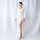 Ruffled Long Sleeve Sequins Party Dinner Wedding Evening Dress