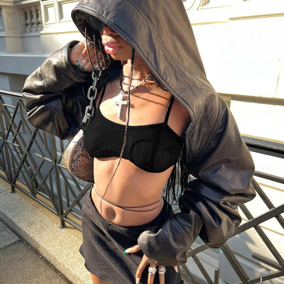 Hip-Hop Street Trendy Hooded Ultra-Short Leather Long-Sleeved Pure Black Jacket