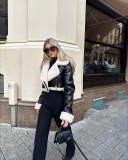 Autumn And Winter Black Leather And White Fur Short Streetwear Jacket