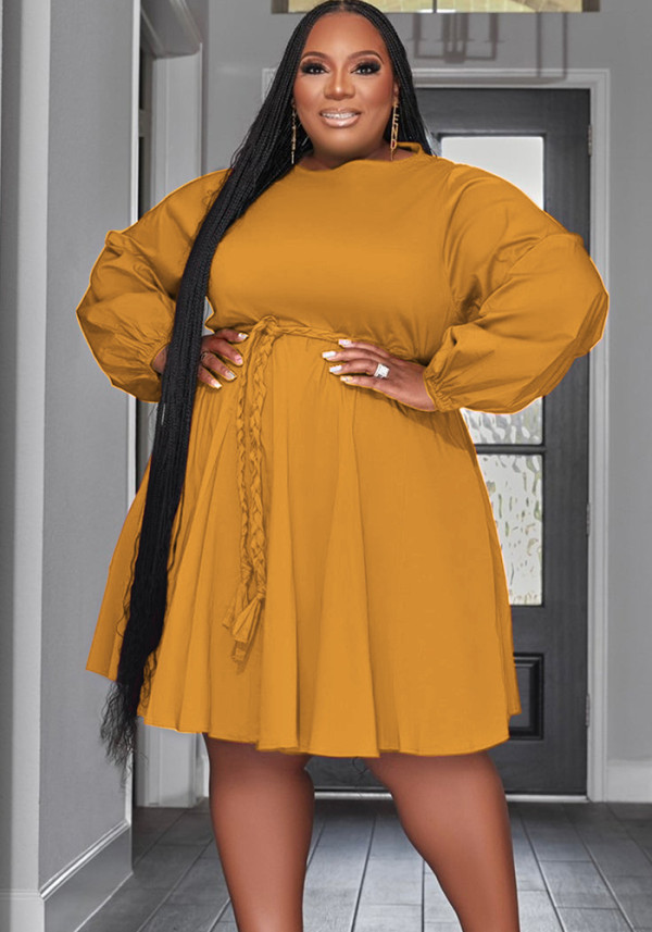 Solid Color Belted Fashion Tight Fitting Plus Size Women's Dress