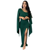 Fashion Women's Solid Color Long Sleeve Slit Pleated Maxi Dress