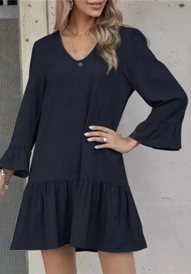 Women's Midi Loose Solid Color Pleated Bell Bottom Half-Sleeve Women's Linen Dress