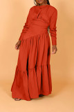 Women's Solid Color Long-Sleeved Pleated Loose Dress