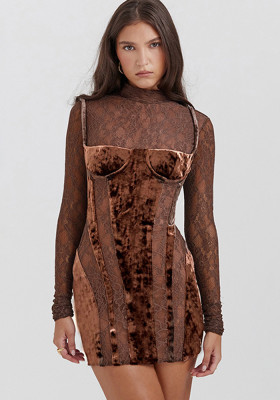 Autumn Chic High Collar Lace Long Sleeve Hollow Contrasting Color Slim Dress