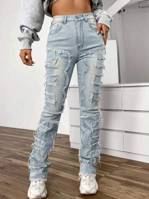 Women's Denim Embroidered Straight Pants Fashionable Patch Jeans