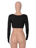 Rib Long Sleeve Casual Sports Tight Fitting Crop Top For Women