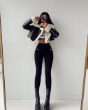 Autumn And Winter Black Leather And White Fur Short Streetwear Jacket
