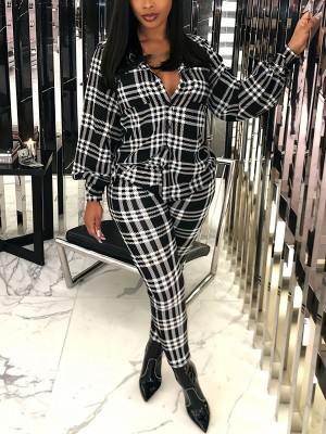 Plus Size Women Plaid Button Top and Pant Two-piece Set