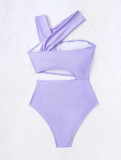 Women Sexy One Shoulder Strapless Hollow Solid One-piece Swimwear