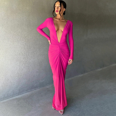 Women Pleated Long Sleeve Backless Bodycon Maxi Evening Dress