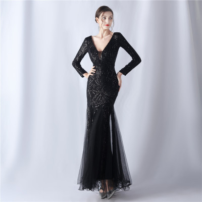 Women mesh sequin wedding dinner long-sleeved evening dress