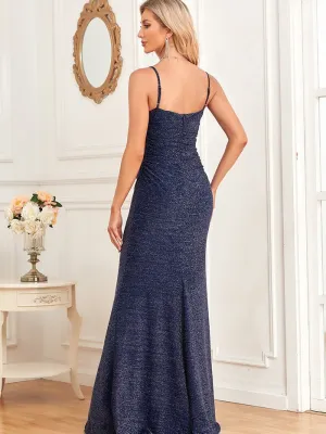 Women elegant suspender v-neck pleated shiny bright fishtail evening dress