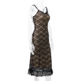 Women autumn sexy v-neck Lace mesh Patchwork Strap Dress