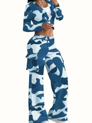 Women Camo Print Casual Sexy Crop Top and Pants Two-piece Set