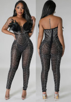 Women Solid Sexy Mesh Beaded Jumpsuit